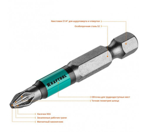 Бита PZ2, 50 мм, Е 1/4" KRAFTOOL Optimum Line
