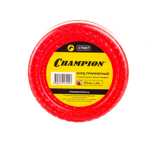 Леска триммерная, 3,0 мм х 25 м (витой квадрат) Champion Twisted Square