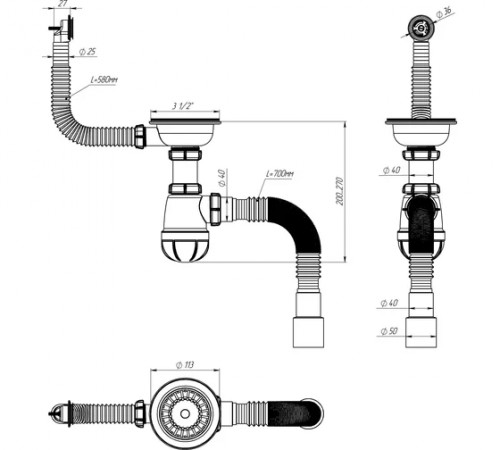 Сифон для мойки 3 1/2" х 40 с металлической решеткой Aquant