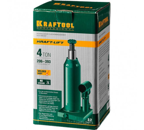 Домкрат гидравлический бутылочный, 4 т, H подъем 206-393 мм KRAFTOOL