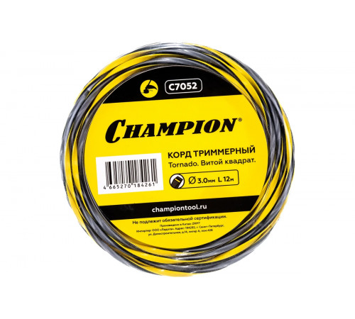 Леска триммерная, 3,0 мм х 12 м (витой квадрат) Champion Tornado