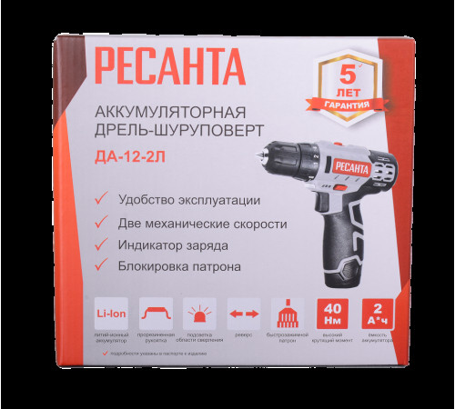 Дрель-шуруповерт Ресанта ДА-12-2Л 12В, 1 АКБ (2А*ч), в коробке