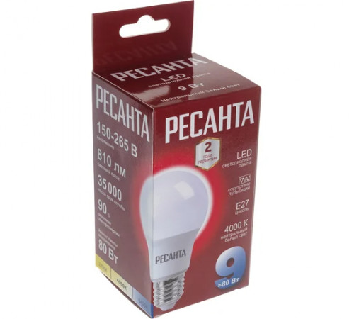 Лампа светодиодная LL-R-A60-9W-230-4K-E27(груша,9Вт,нейтр.,Е27) Ресанта