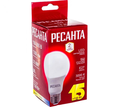 Лампа светодиодная LL-R-A65-15W-230-3K-E27(груша,15Вт,тепл.,Е27) Ресанта